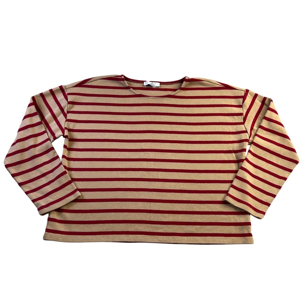 Ann Taylor Weekend Tan Red Striped Cotton Long Sleeve Top Large